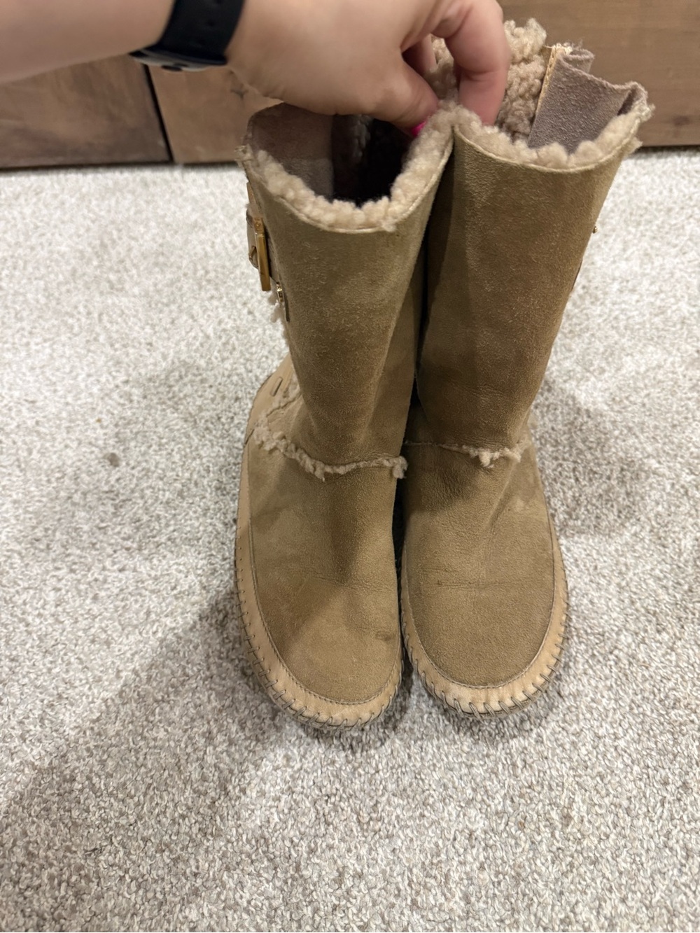 Tory Burch Tan Suede Shearling-Trim Mid-Calf Boots